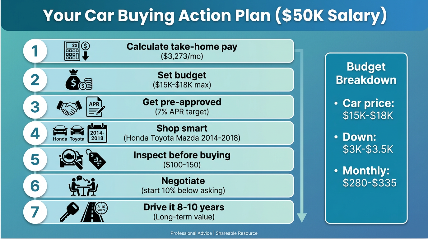 Car buying action plan for $50K salary: 7 steps from budget to long-term ownership.