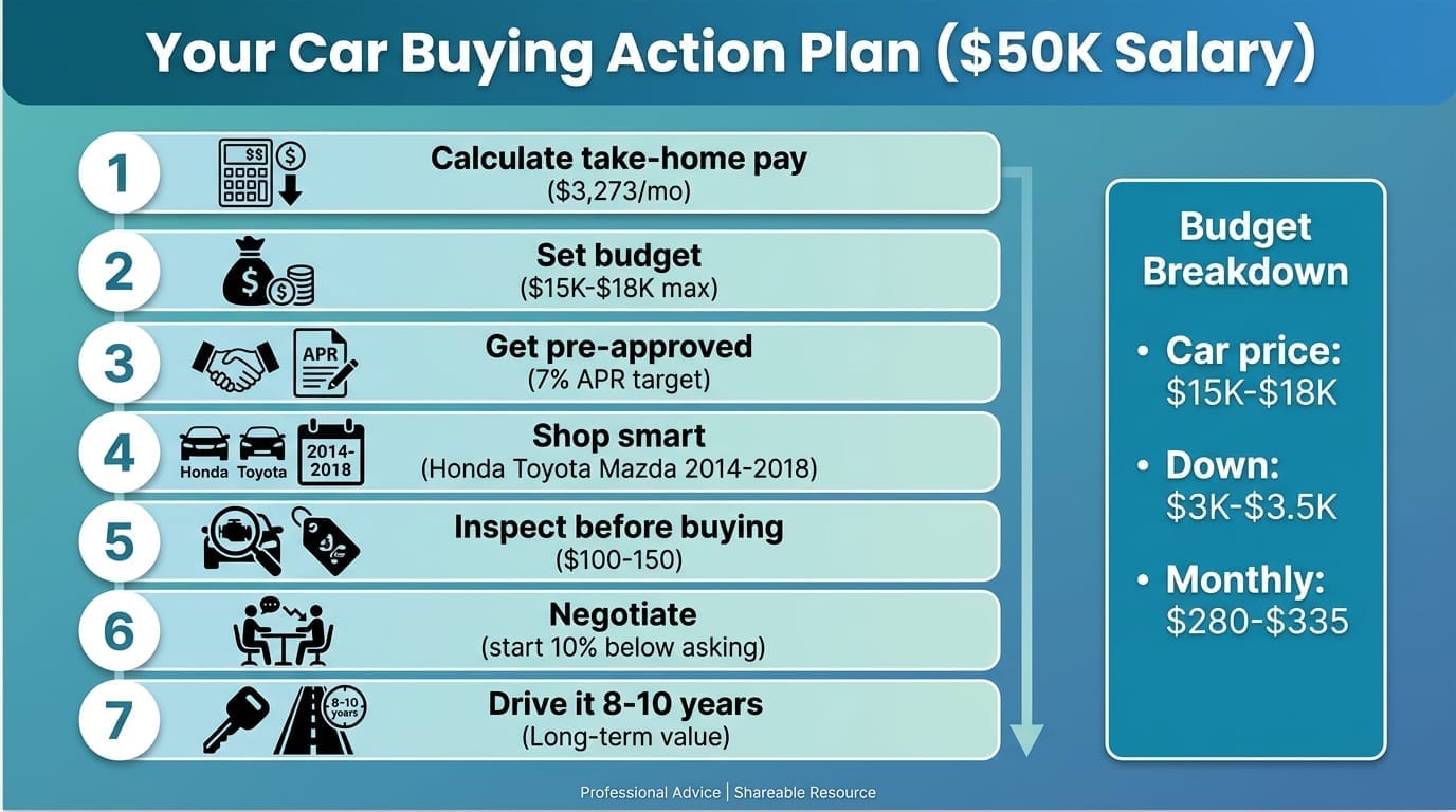 Car buying action plan for $50K salary: 7 steps from budget to long-term ownership.