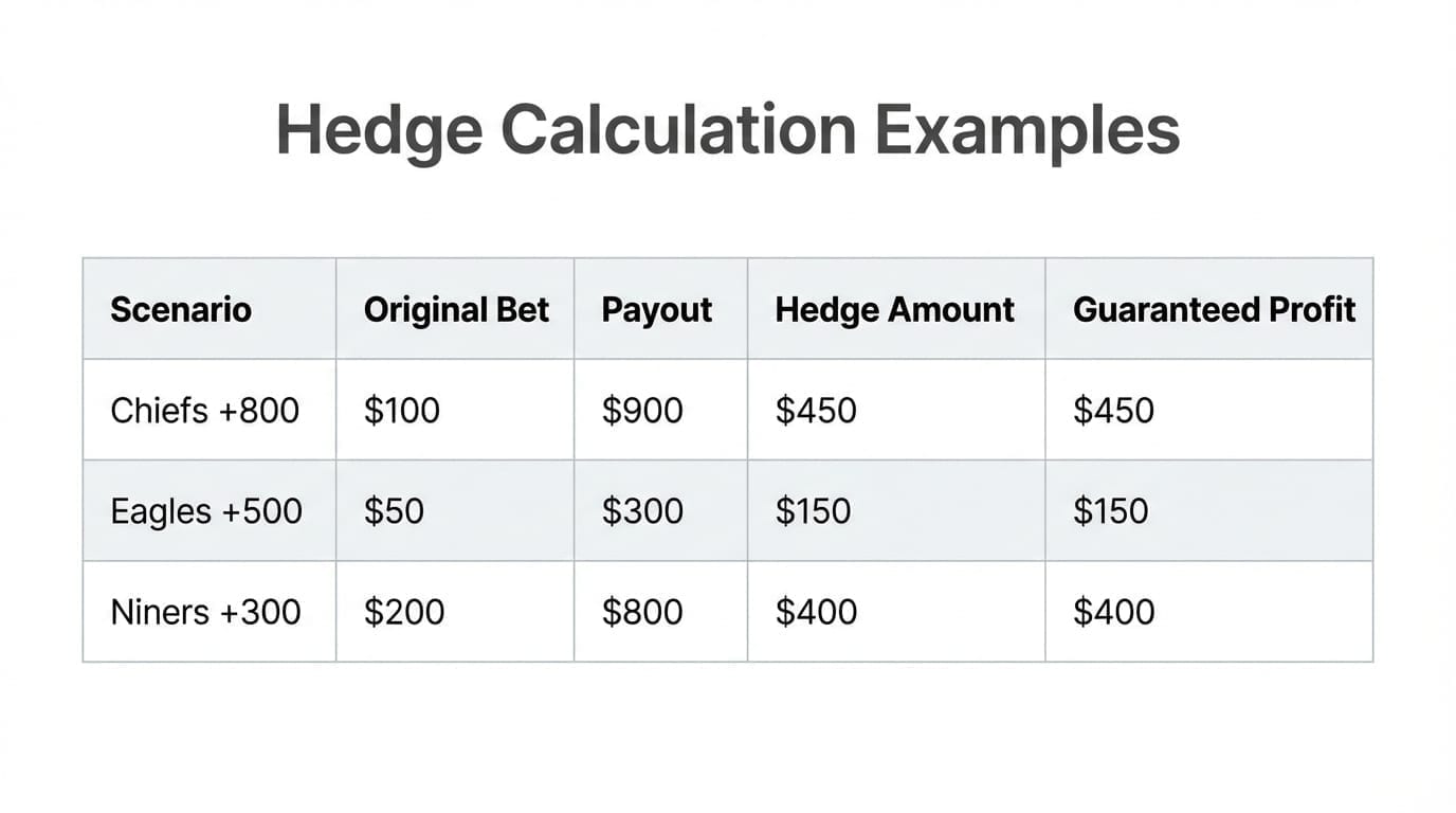 Table of hedge calculation examples with scenario, original bet, payout, hedge amount, and guaranteed profit.