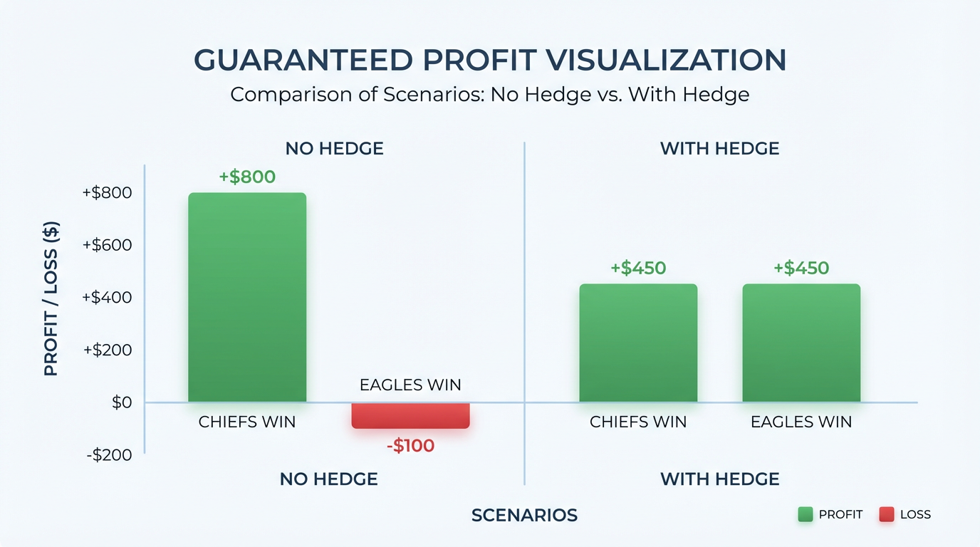 Comparison of profit with and without hedging: no hedge shows variable outcome, hedge shows guaranteed $450.