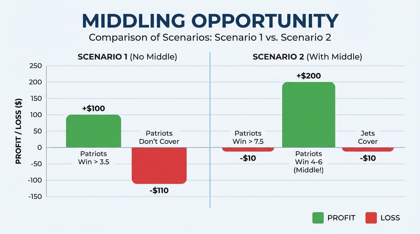 Middling opportunity comparison: Scenario 1 original only vs Scenario 2 with middle. Patriots -3.5/-7.5, Jets +7.5.