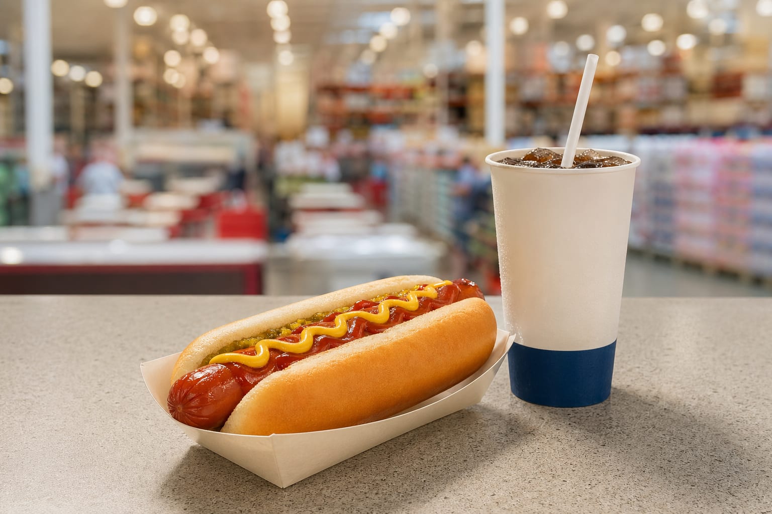 Hot dog and fountain drink on a warehouse food court counter