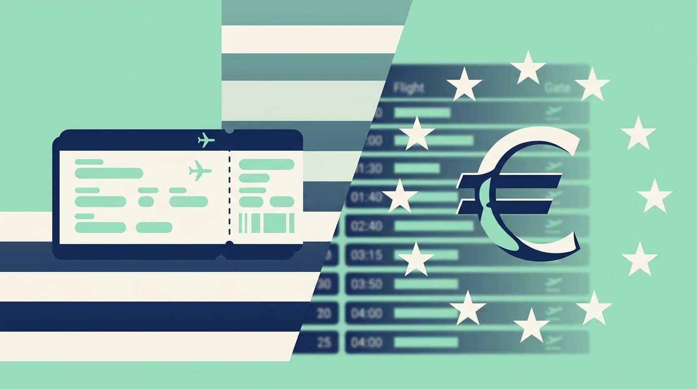 Editorial split US and Europe travel graphic with departure board tones, no text