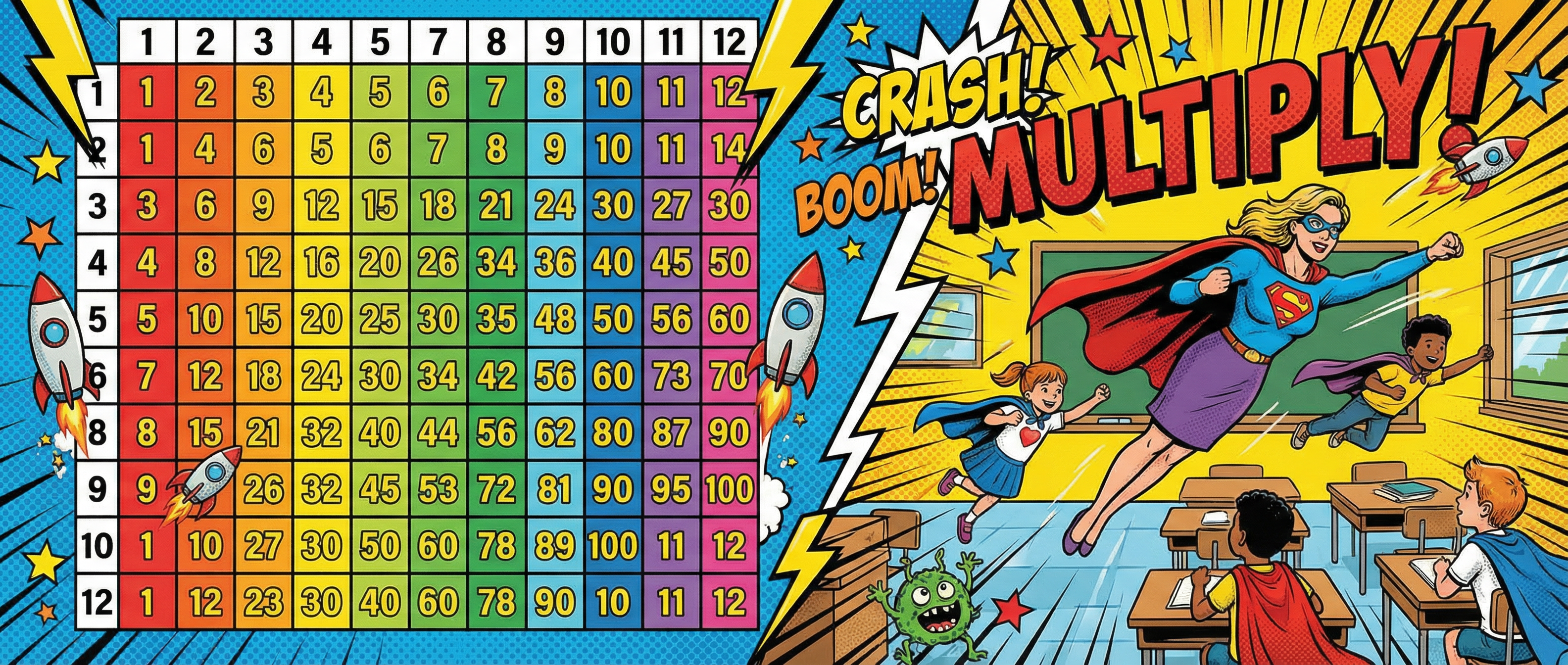 Multiplication Grid Dash comic-style hero banner