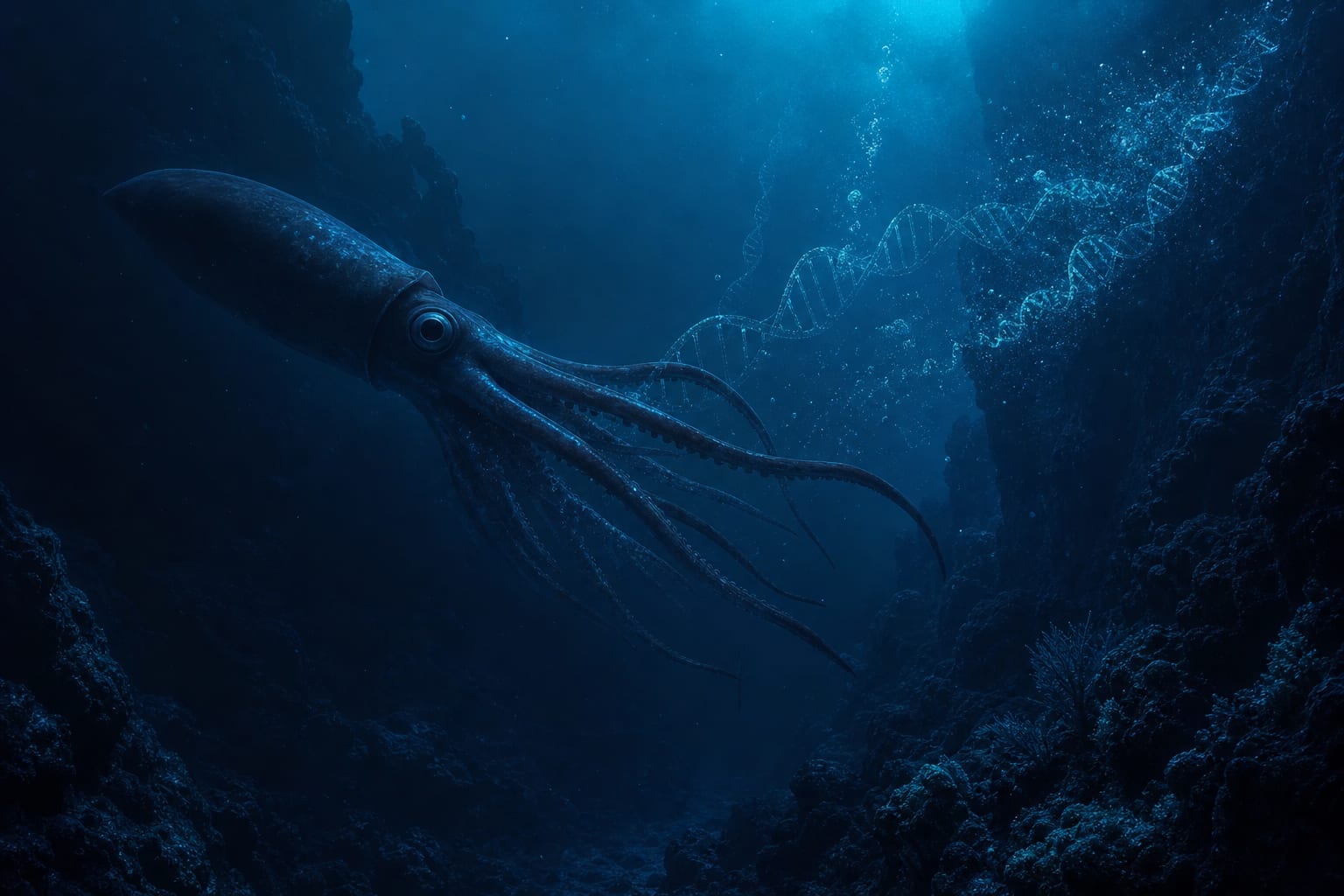Deep-sea canyon with giant squid silhouette and abstract DNA light trails