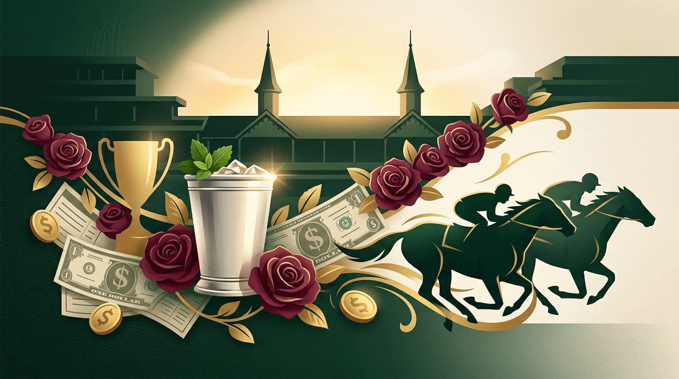 Roses, trophy, and racing silks motif for Kentucky Derby purse and owner take-home pay
