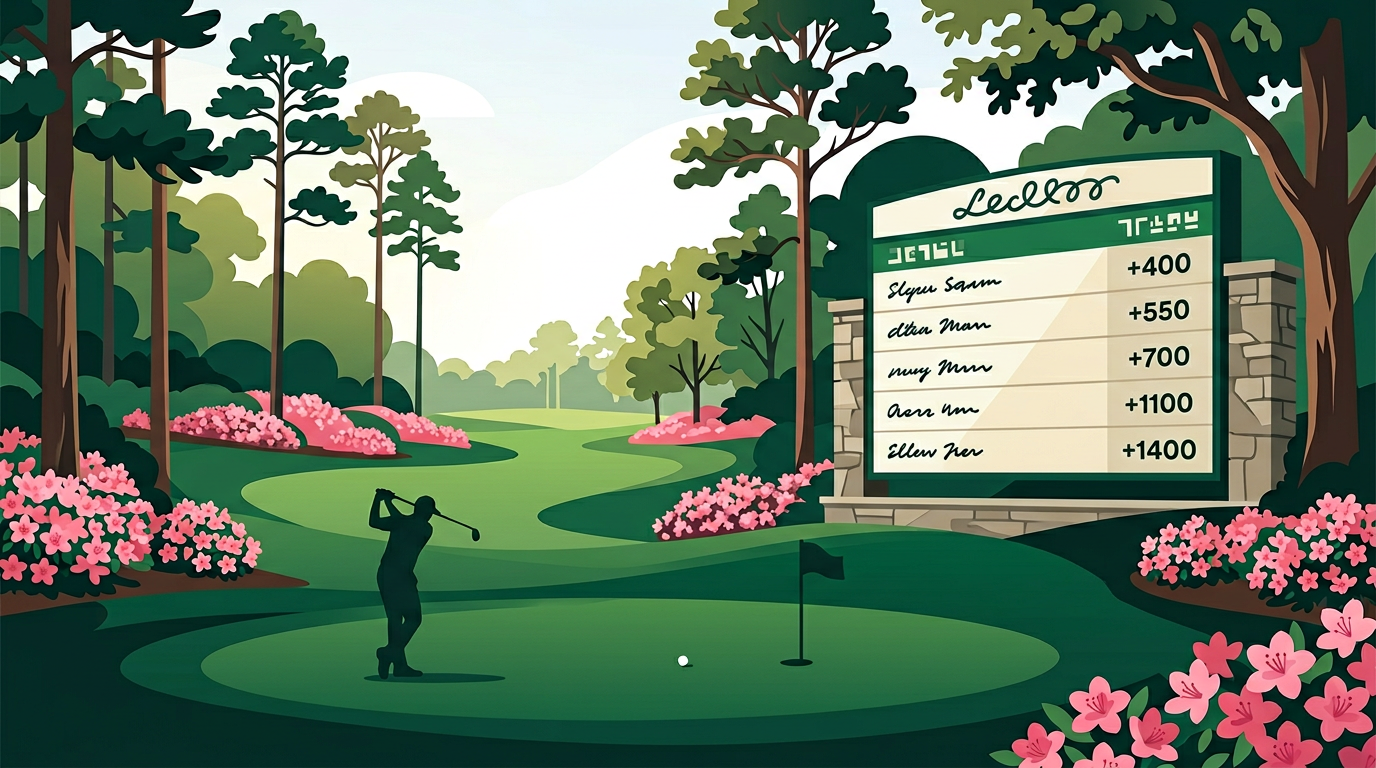 Stylized golf leaderboard and odds board with Augusta-style greens and pink accents