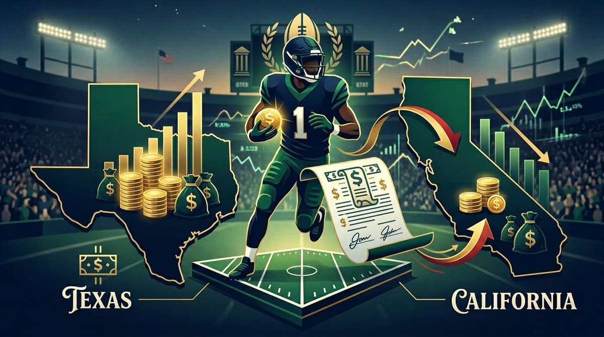 Stylized football, contract, and state-map tax contrast for NFL draft finances