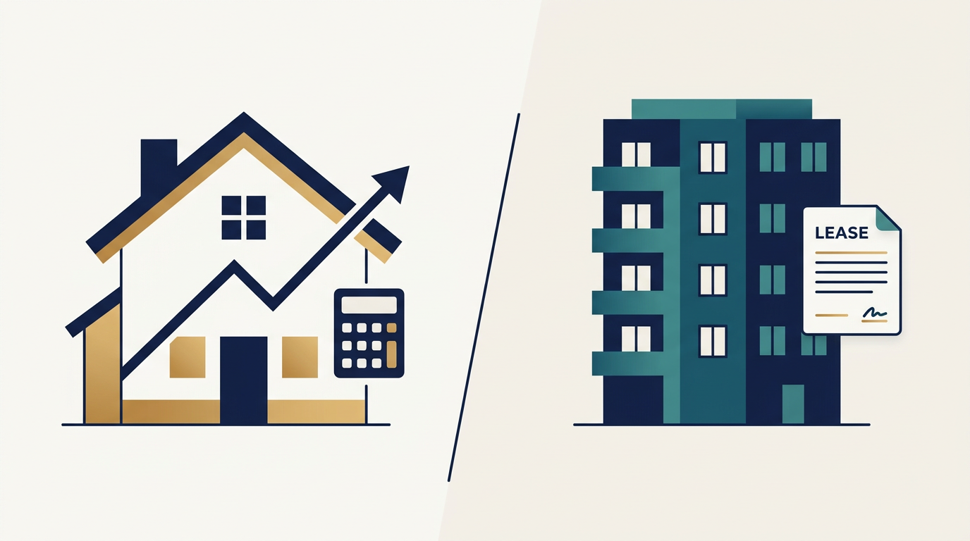 Split scene: house with chart versus apartment building, representing rent versus buy