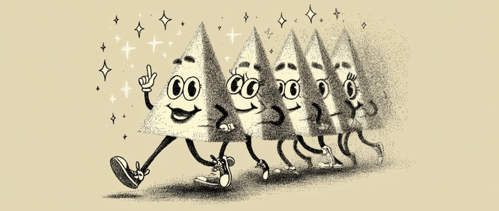 Retro cartoon-style pyramid characters marching in a line on a light background