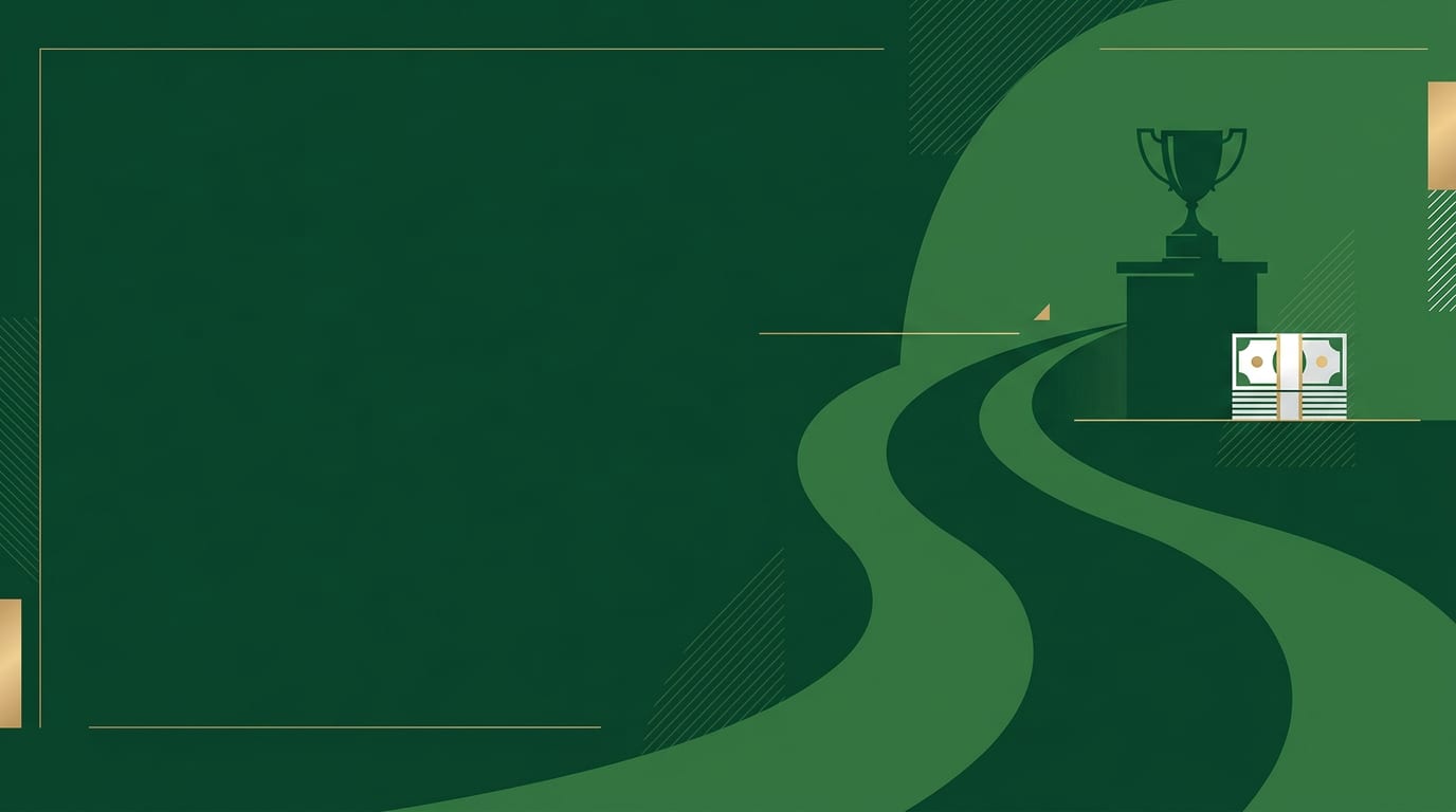 Stylized Masters green, gold accents, and abstract prize check motif for a golf finance article