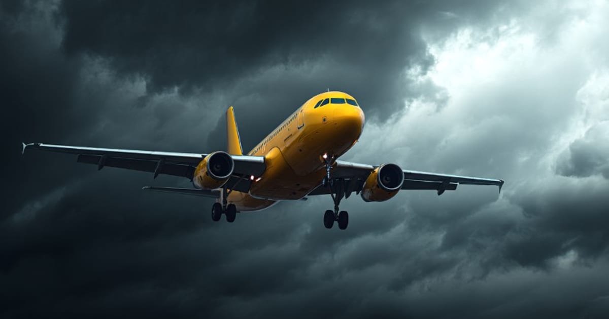 Yellow commercial jet with landing gear down, flying toward dark storm clouds.