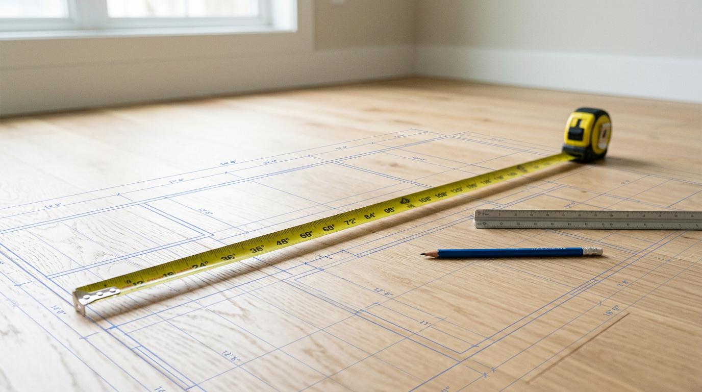 Measuring tape and floor plan for square footage
