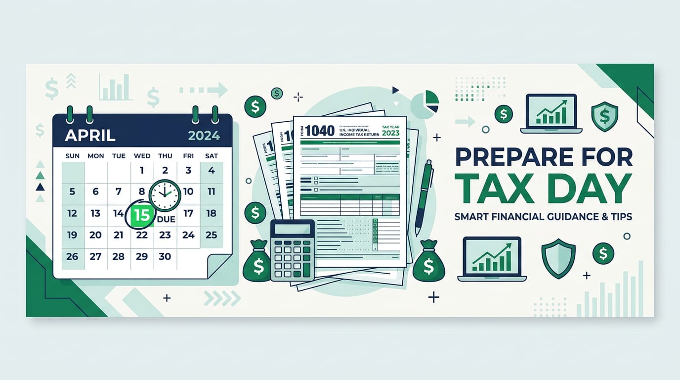 Calendar and tax forms illustrating the April 15 tax filing deadline