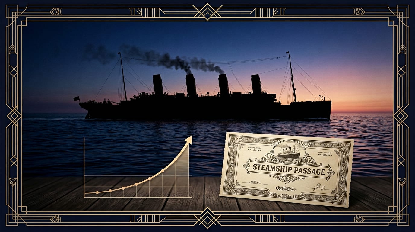 Vintage ocean liner silhouette, ticket, and growth curve on a deep blue sea