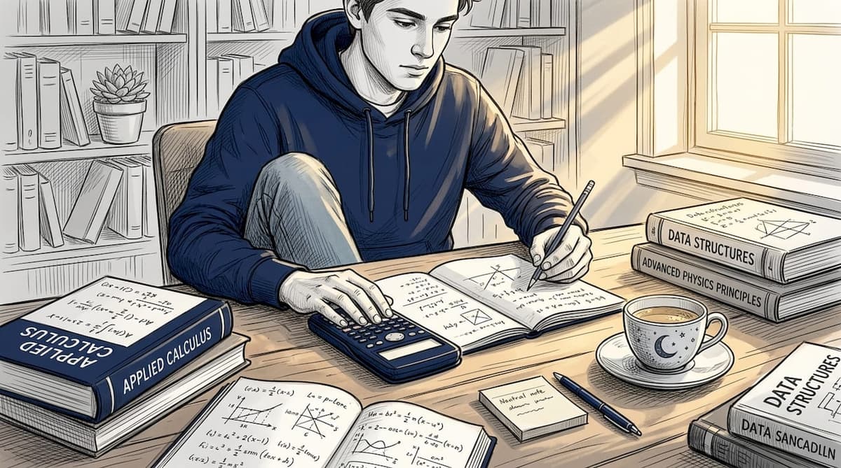 Student studying with math notes and calculator
