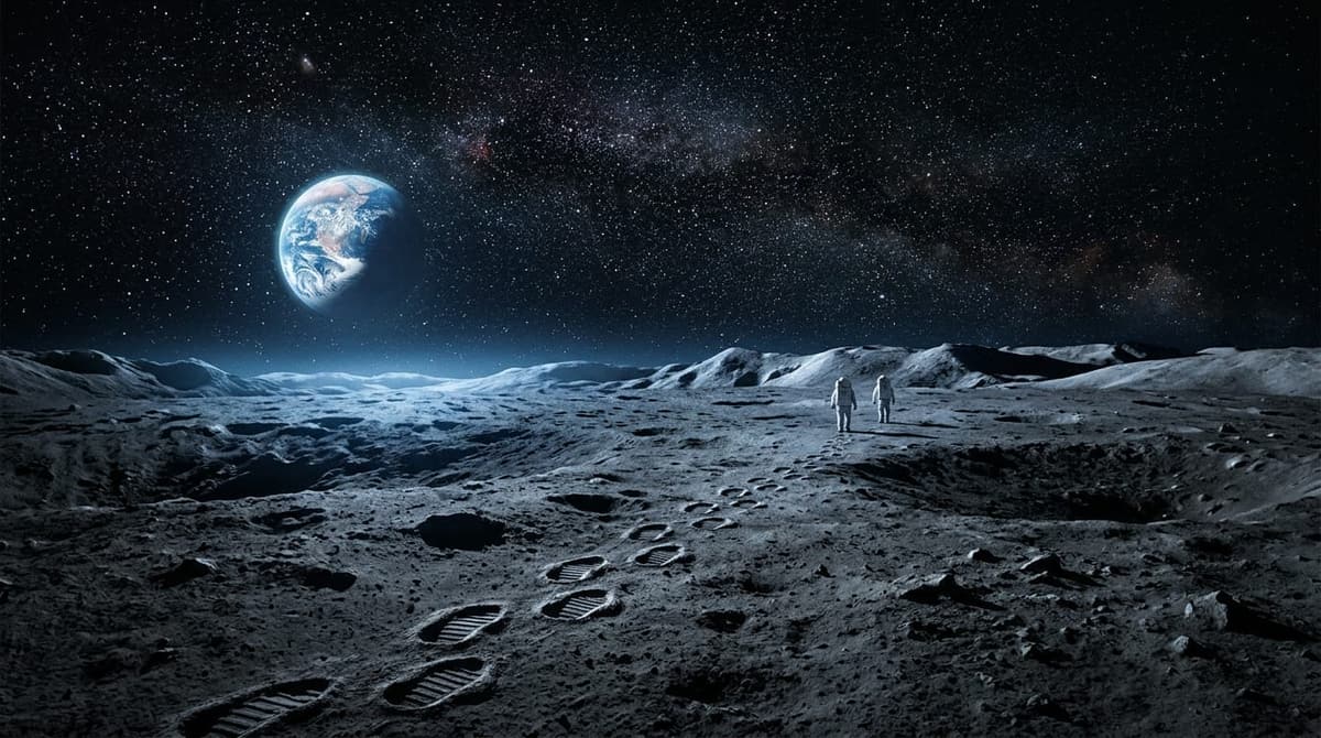 Moon, starfield, and footprints toward the horizon
