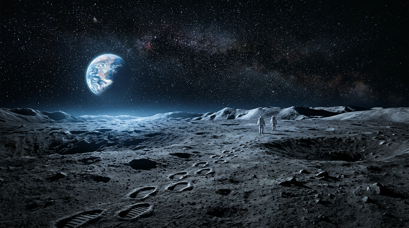 Moon, starfield, and footprints toward the horizon