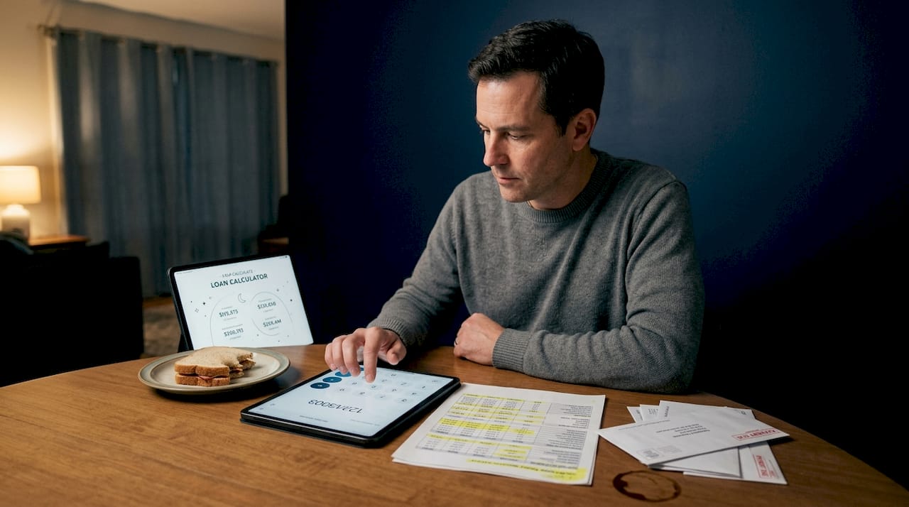 Man using a tablet with a personal finance calculator