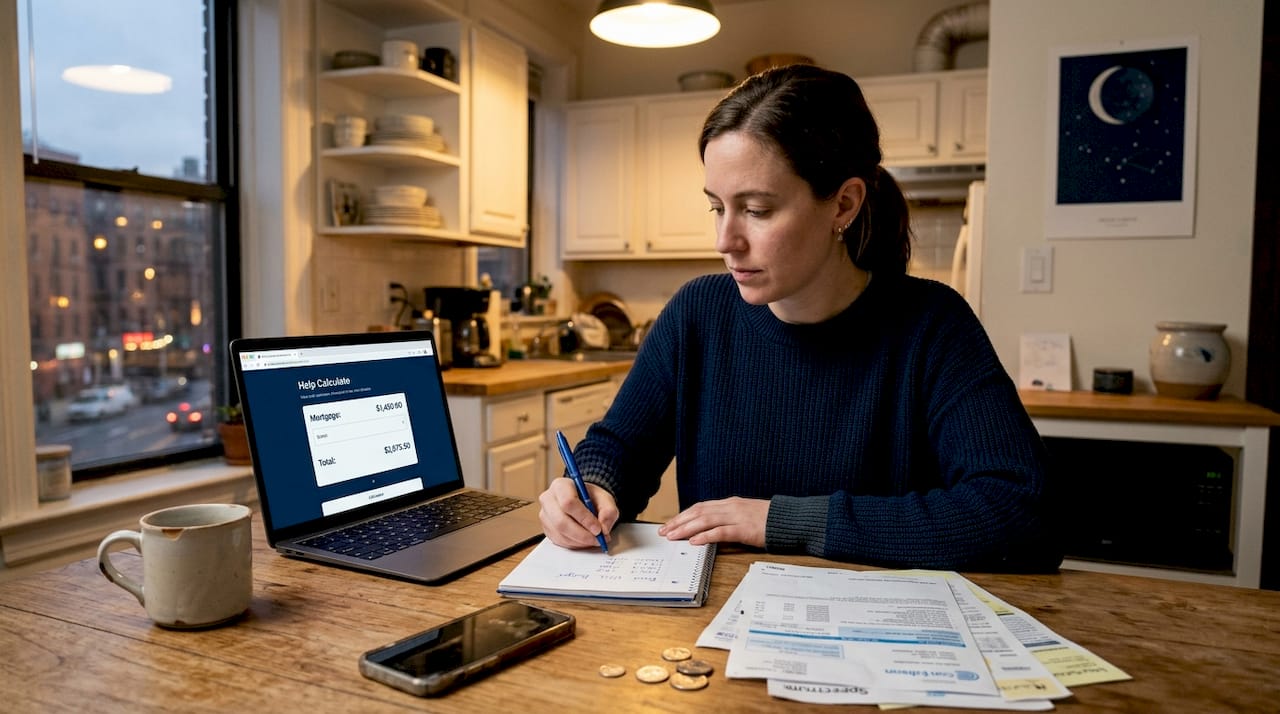 Woman using a laptop with an online calculator at home
